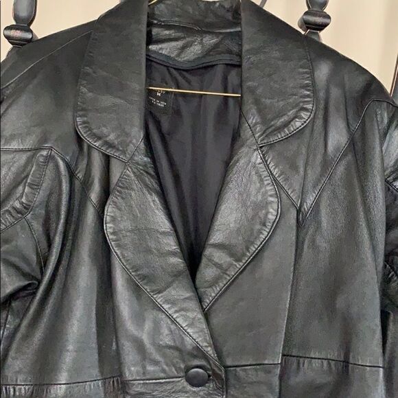 Vintage 70’s 80’s Missy Black 100% Leather Button Full Length Trechcoat Sz M - Picture 4 of 8